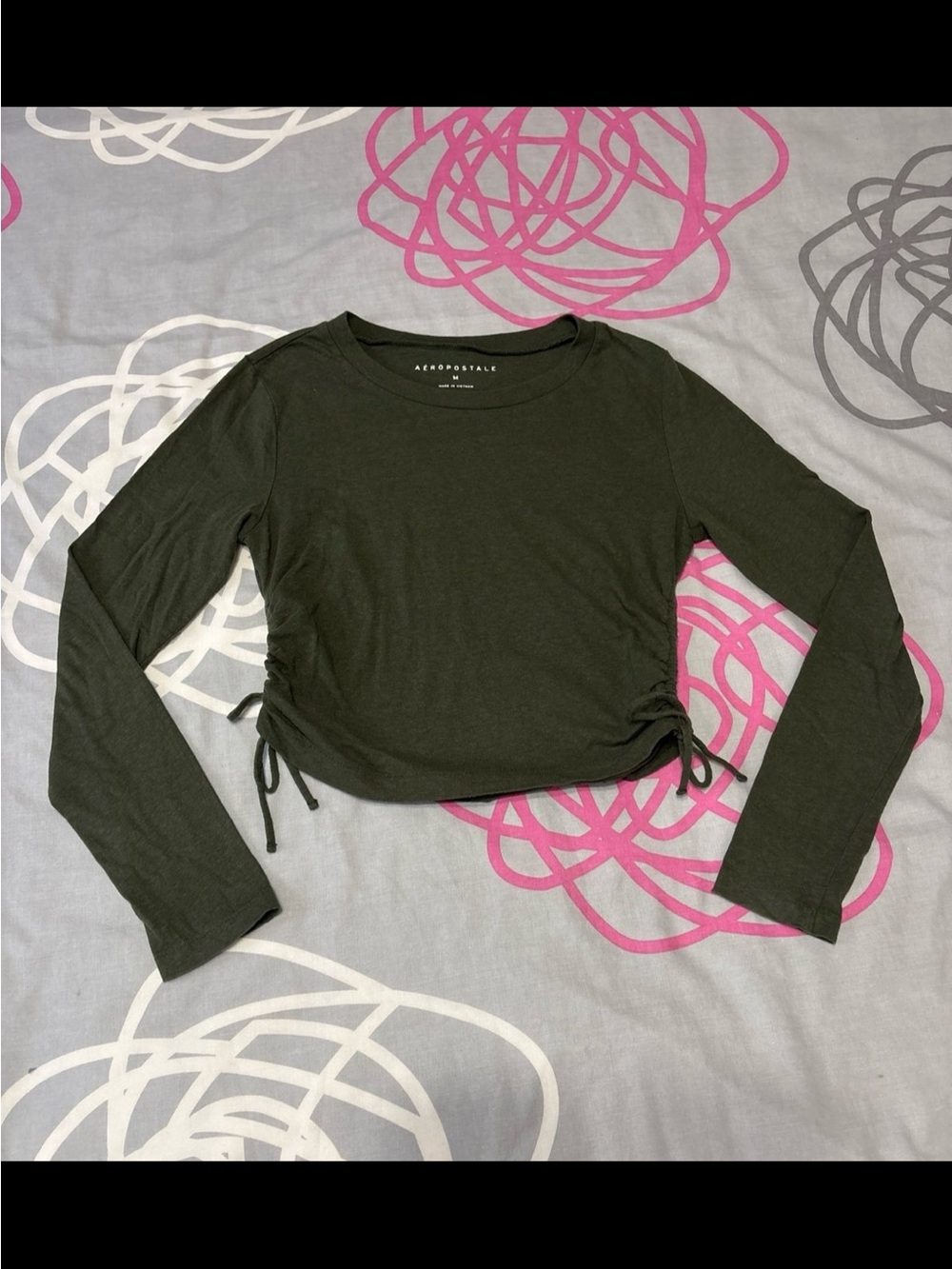 Aeropostale Olive Green Long Sleeve Ruched Top With Side Tie Details